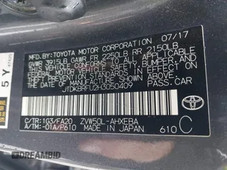 2017 Toyota Prius Two with VIN JTDKBRFU2H3050409, listed as a IAAI auction lot 41876149 with 43,849 mi miles and . Bid and sale history available at DreamBid. Image 9.
