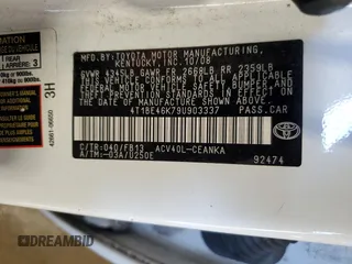 2009 Toyota Camry with VIN 4T1BE46K79U903337, listed as a Copart auction lot 54561145 with 252,622 mi miles and Salvage Title. Bid and sale history available at DreamBid. Image 12.