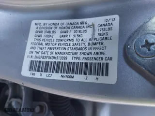 2013 Honda Civic Sdn LX with VIN 2HGFB2F54DH513399, listed as a IAAI auction lot 41348199 with 116,977 mi miles. Bid and sale history available at carsss.com. Image 9.