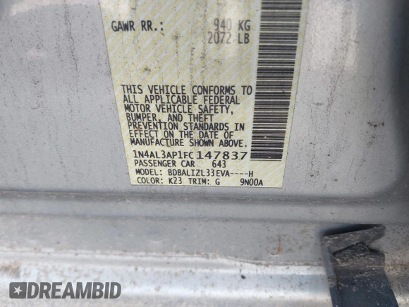2015 Nissan Altima S with VIN 1N4AL3AP1FC147837, listed as a IAAI auction lot 37730300 with 145,409 mi miles and . Bid and sale history available at DreamBid. Image 9.