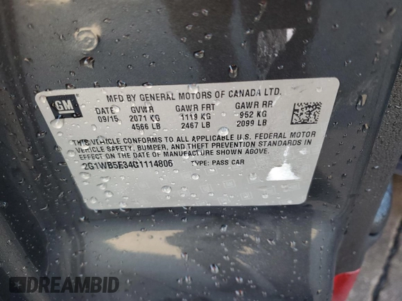 2016 Chevrolet Impala LT with VIN 2G1WB5E34G1114806, listed as a Copart auction lot 80239204 with 103,937 mi miles and Clean Title. Bid and sale history available at DreamBid. Image 12.