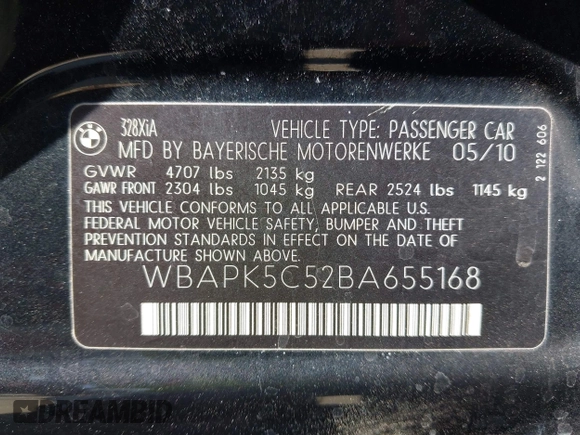 2011 BMW 3 Series 328i xDrive with VIN WBAPK5C52BA655168, listed as a IAAI auction lot 42384044 with 108,315 mi miles and . Bid and sale history available at DreamBid. Image 9.