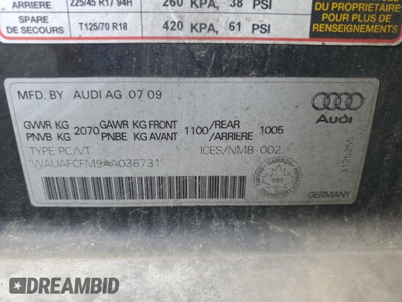 2010 Audi A3 с VIN WAUAFCFM9AA036731, выставлен на аукционе Copart как лот 58241874 с пробегом 273 538 миль миль и Чистый • Clean title. История ставок и продаж доступна на DreamBid. Изображение 12.