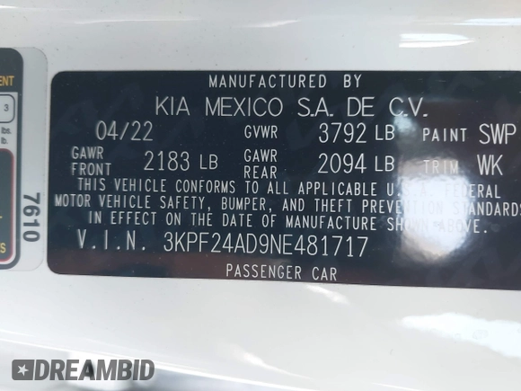 2022 Kia Forte LXS with VIN 3KPF24AD9NE481717, listed as a IAAI auction lot 41850501 with 126,473 mi miles. Bid and sale history available at carsss.com. Image 9.