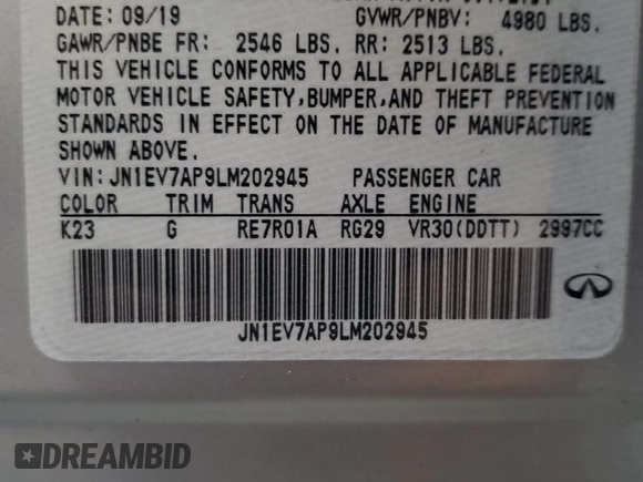 2020 Infiniti Q50 Luxe z VIN JN1EV7AP9LM202945, wystawiony jako Copart lot #54520065 z przebiegiem 87 689 mil mil oraz Szkoda całkowita • Salvage title. Historia ofert i sprzedaży dostępna na DreamBid. Obrazek 12.