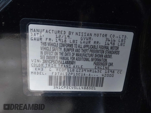 2020 Nissan Kicks SV with VIN 3N1CP5CV5LL488501, listed as a IAAI auction lot 41543069 with 68,588 mi miles and . Bid and sale history available at DreamBid. Image 9.
