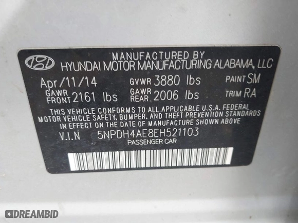 2014 Hyundai Elantra Limited with VIN 5NPDH4AE8EH521103, listed as a IAAI auction lot 41829513 with 230,564 mi miles. Bid and sale history available at carsss.com. Image 9.