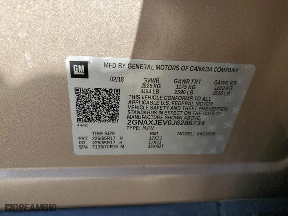2018 Chevrolet Equinox LT with VIN 2GNAXJEV0J6286734, listed as a Copart auction lot 45278985 with 170,750 mi miles and Salvage Title. Bid and sale history available at carsss.com. Image 14.