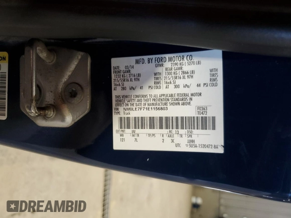 2014 Ford Transit Connect XLT with VIN NM0LE7F71E1156803, listed as a Copart auction lot 63474245 with 348,140 mi miles and Salvage title. Bid and sale history available at DreamBid. Image 14.