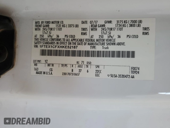 2017 Ford F-150 XL with VIN 1FTEX1CFXHKE52187, listed as a Copart auction lot 57912035 with 186,391 mi miles and Salvage title. Bid and sale history available at DreamBid. Image 12.