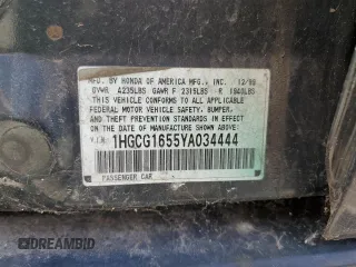 2000 Honda Accord EX с VIN 1HGCG1655YA034444, выставлен на аукционе Copart как лот 58974485 с пробегом 239 959 миль миль и Списание • Salvage title. История ставок и продаж доступна на DreamBid. Изображение 12.