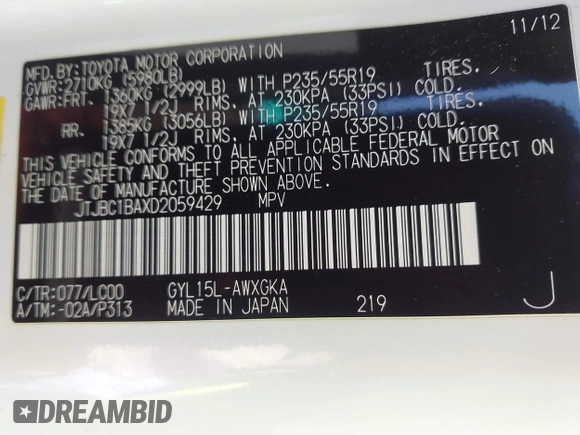 2013 Lexus RX 450h with VIN JTJBC1BAXD2059429, listed as a IAAI auction lot 42181781 with 188,825 mi miles and . Bid and sale history available at DreamBid. Image 9.