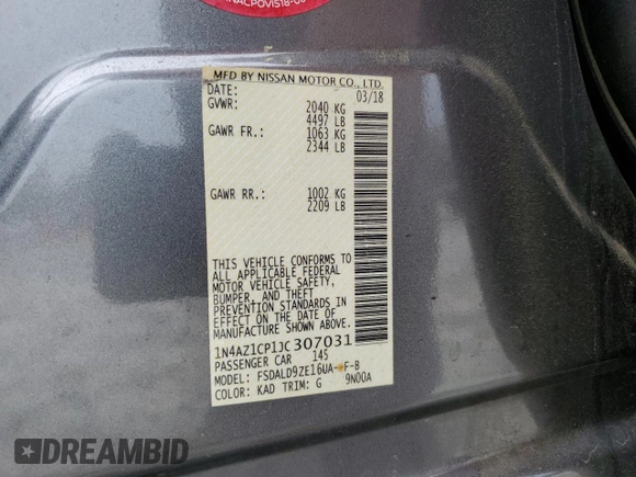 2018 Nissan LEAF SV with VIN 1N4AZ1CP1JC307031, listed as a Copart auction lot 58869215 with 99,621 mi miles and Salvage title. Bid and sale history available at DreamBid. Image 12.