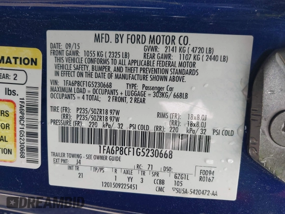 2016 Ford Mustang GT with VIN 1FA6P8CF1G5230668, listed as a IAAI auction lot 41359906 with 107,060 mi miles. Bid and sale history available at carsss.com. Image 9.