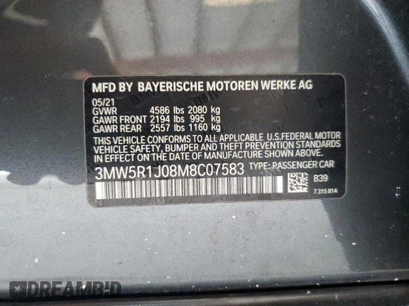 2021 BMW 3 Series 330i with VIN 3MW5R1J08M8C07583, listed as a Copart auction lot 62902105 with 52,524 mi miles and Salvage title. Bid and sale history available at DreamBid. Image 13.