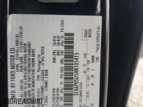 2017 Ford Fusion Titanium z VIN 3FA6P0SU5HR105415, wystawiony jako Copart lot #59779715 z przebiegiem 88 988 mil mil oraz Szkoda całkowita • Salvage title. Historia ofert i sprzedaży dostępna na DreamBid. Obrazek 12.