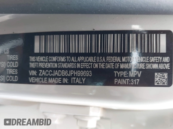2018 Jeep Renegade Limited с VIN ZACCJADB6JPH99693, выставлен на аукционе IAAI как лот 41206945 с пробегом 52 865 миль миль и . История ставок и продаж доступна на DreamBid. Изображение 9.