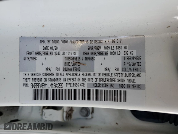 2020 Mazda 3 Premium with VIN 3MZBPAEM1LM134259, listed as a Copart auction lot 74742724 with Not provided miles and Non repairable. Bid and sale history available at DreamBid. Image 13.