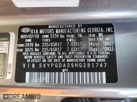 2017 Kia Sorento LX with VIN 5XYPGDA39HG281747, listed as a Copart auction lot 50383305 with 96,656 mi miles and Clean Title. Bid and sale history available at DreamBid. Image 13.