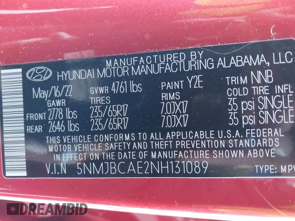 2022 Hyundai Tucson SEL with VIN 5NMJBCAE2NH131089, listed as a IAAI auction lot 41705654 with 14,362 mi miles. Bid and sale history available at carsss.com. Image 9.