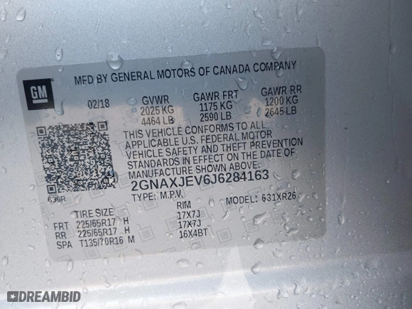 2018 Chevrolet Equinox LT with VIN 2GNAXJEV6J6284163, listed as a IAAI auction lot 41954789 with 264,728 mi miles. Bid and sale history available at carsss.com. Image 9.