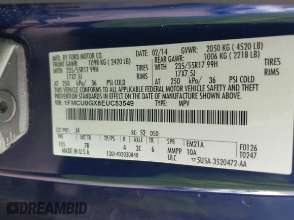 2014 Ford Escape SE with VIN 1FMCU0GX8EUC53549, listed as a IAAI auction lot 42067617 with 234,025 mi miles and . Bid and sale history available at DreamBid. Image 9.