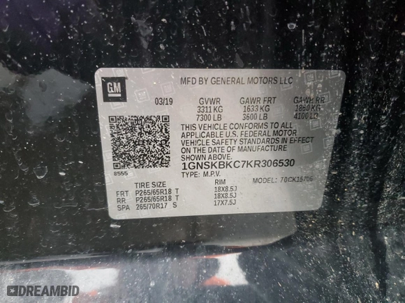 2019 Chevrolet Tahoe LT with VIN 1GNSKBKC7KR306530, listed as a Copart auction lot 42024765 with 122,249 mi miles and Salvage Title. Bid and sale history available at carsss.com. Image 13.