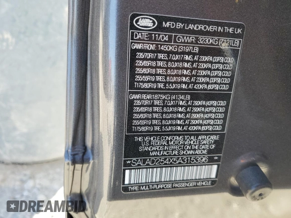 2005 Land Rover LR3 SE with VIN SALAD254X5A315396, listed as a Copart auction lot 60348205 with 182,099 mi miles and Salvage title. Bid and sale history available at DreamBid. Image 13.