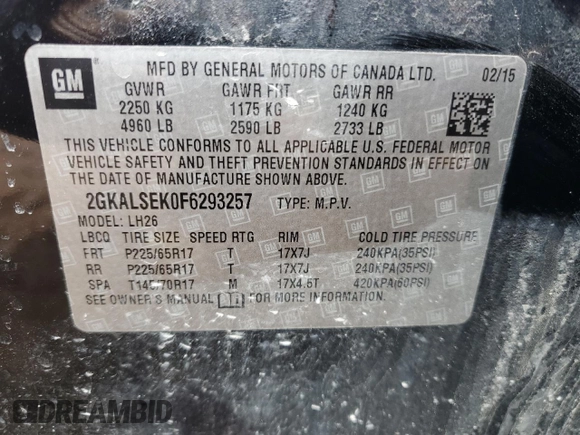 2015 GMC Terrain SLT with VIN 2GKALSEK0F6293257, listed as a Copart auction lot 52886835 with 143,565 mi miles and Clean Title. Bid and sale history available at carsss.com. Image 13.