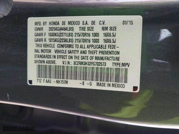 2015 Honda CR-V LX with VIN 3CZRM3H32FG702573, listed as a IAAI auction lot 41824116 with 266,847 mi miles. Bid and sale history available at carsss.com. Image 9.