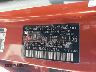 2017 Hyundai Tucson Sport z VIN KM8J33A26HU337673, wystawiony jako Copart lot #55035585 z przebiegiem 84 554 mil mil oraz Szkoda całkowita • Salvage title. Historia ofert i sprzedaży dostępna na DreamBid. Obrazek 13.