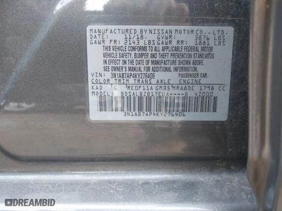 2019 Nissan Sentra S with VIN 3N1AB7AP4KY276406, listed as a IAAI auction lot 41956625 with 36,332 mi miles. Bid and sale history available at carsss.com. Image 9.