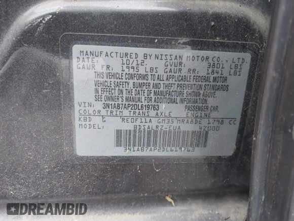 2013 Nissan Sentra S with VIN 3N1AB7AP2DL619763, listed as a IAAI auction lot 41971146 with 146,011 mi miles and . Bid and sale history available at DreamBid. Image 9.