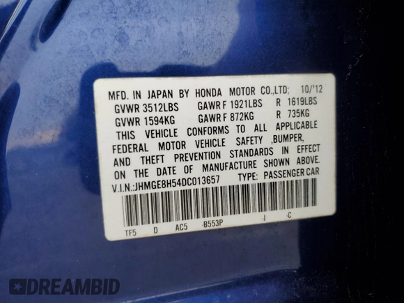 2013 Honda Fit Sport with VIN JHMGE8H54DC013657, listed as a Copart auction lot 81247764 with 96,150 mi miles and Salvage Title. Bid and sale history available at carsss.com. Image 12.