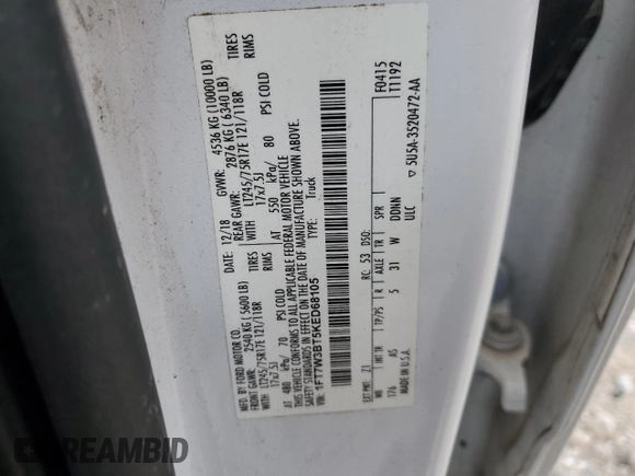 2019 Ford F-350 XL with VIN 1FT7W3BT5KED68105, listed as a Copart auction lot 84915334 with Not Provided miles and Salvage Title. Bid and sale history available at DreamBid. Image 12.
