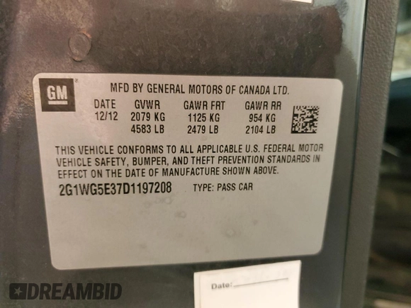 2013 Chevrolet Impala LT with VIN 2G1WG5E37D1197208, listed as a Copart auction lot 53462105 with 216,059 mi miles and Salvage Title. Bid and sale history available at DreamBid. Image 12.