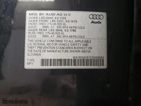 2012 Audi Q7 3.0T S line with VIN WA1DGAFE1CD009562, listed as a Copart auction lot 45904125 with 124,378 mi miles and Salvage Title. Bid and sale history available at carsss.com. Image 12.