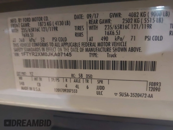 2018 Ford Transit with VIN 1FTYR2XM0JKA07145, listed as a IAAI auction lot 41498843 with 449,413 mi miles and . Bid and sale history available at DreamBid. Image 9.