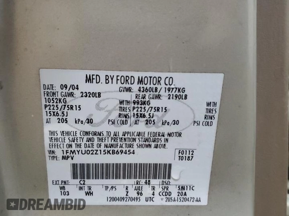 2005 Ford Escape XLS Value with VIN 1FMYU02Z15KB69454, listed as a Copart auction lot 85305344 with 195,662 mi miles and Salvage Title. Bid and sale history available at carsss.com. Image 13.