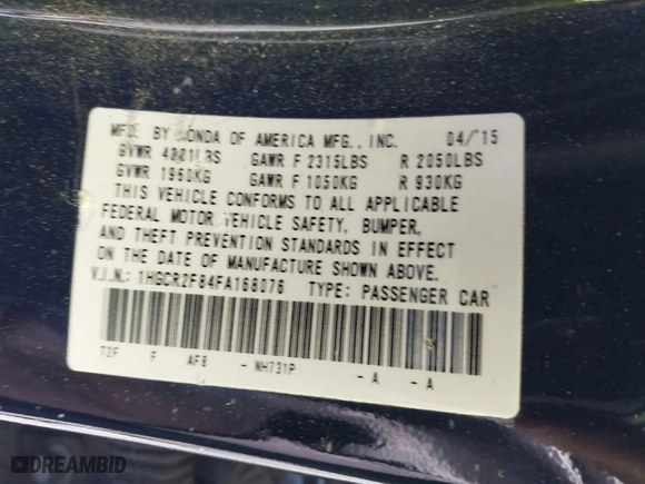 2015 Honda Accord Sedan EX-L with VIN 1HGCR2F84FA168076, listed as a IAAI auction lot 41983408 with 209,007 mi miles. Bid and sale history available at carsss.com. Image 9.