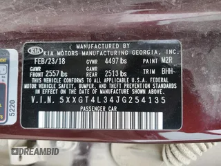 2018 Kia Optima LX with VIN 5XXGT4L34JG254135, listed as a Copart auction lot 59847805 with 120,901 mi miles and Salvage title. Bid and sale history available at DreamBid. Image 12.
