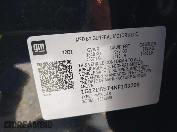 2022 Chevrolet Malibu LT with VIN 1G1ZD5ST4NF103208, listed as a IAAI auction lot 41946284 with 25,123 mi miles and . Bid and sale history available at DreamBid. Image 9.