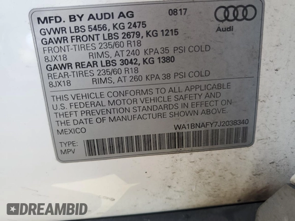 2018 Audi Q5 Premium Plus with VIN WA1BNAFY7J2038340, listed as a Copart auction lot 51663725 with 153,055 mi miles and Salvage title. Bid and sale history available at DreamBid. Image 13.
