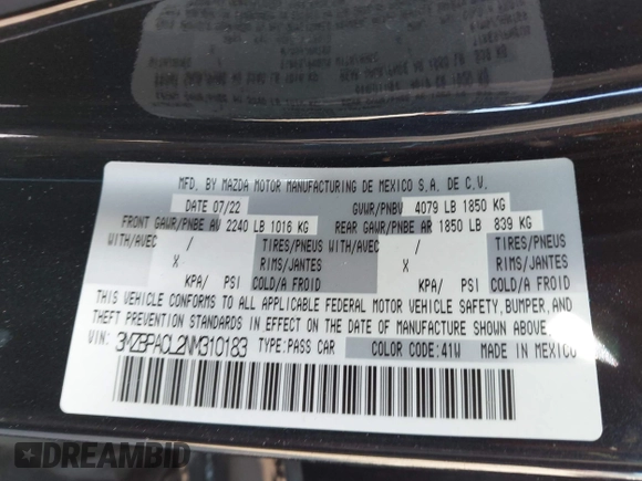 2022 Mazda 3 Carbon Edition с VIN 3MZBPACL2NM310183, выставлен на аукционе IAAI как лот 42297276 с пробегом Не указан миль и . История ставок и продаж доступна на DreamBid. Изображение 9.