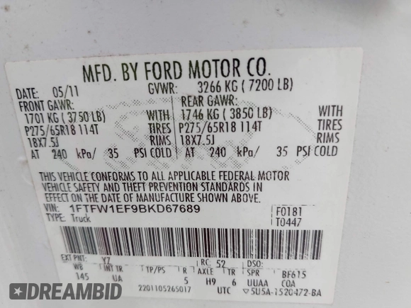 2011 Ford F-150 XL с VIN 1FTFW1EF9BKD67689, выставлен на аукционе IAAI как лот 42470245 с пробегом 251 081 миль миль и . История ставок и продаж доступна на DreamBid. Изображение 9.