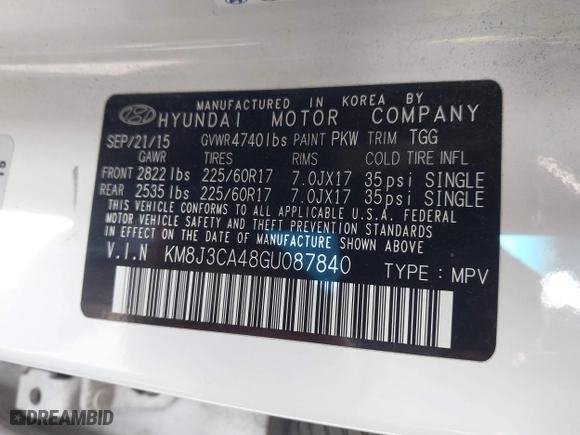 2016 Hyundai Tucson SE with VIN KM8J3CA48GU087840, listed as a IAAI auction lot 41855450 with 106,524 mi miles. Bid and sale history available at carsss.com. Image 9.