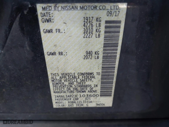 2018 Nissan Altima 2.5 SV with VIN 1N4AL3AP2JC103600, listed as a IAAI auction lot 41833390 with 276,014 mi miles. Bid and sale history available at carsss.com. Image 9.