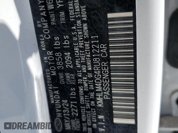 2024 Hyundai Elantra SEL with VIN KMHLM4DG4RU812211, listed as a Copart auction lot 63110035 with 3,612 mi miles and Salvage title. Bid and sale history available at DreamBid. Image 12.