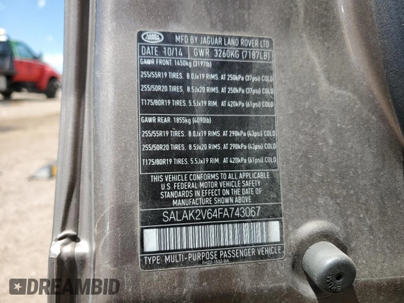 2015 Land Rover LR4 Lux with VIN SALAK2V64FA743067, listed as a Copart auction lot 56233535 with 98,959 mi miles and Salvage title. Bid and sale history available at DreamBid. Image 13.