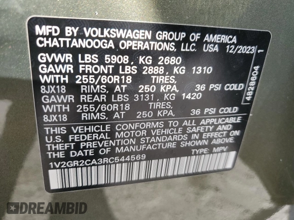 2024 Volkswagen Atlas Peak Edition SEL z VIN 1V2GR2CA3RC544569, wystawiony jako Copart lot #86591324 z przebiegiem 4 256 mil mil oraz Szkoda całkowita • Salvage title. Historia ofert i sprzedaży dostępna na DreamBid. Obrazek 13.